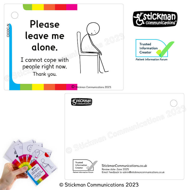 Thumbnail: Both sides of the striped leave me alone card - the back is mostly blank, with PIF TICK and copyright info at the bottom.