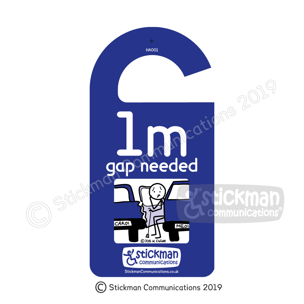 blue 1m gap sign with cartoon of a stickman opening their car door and accidentally denting a car parked too close.