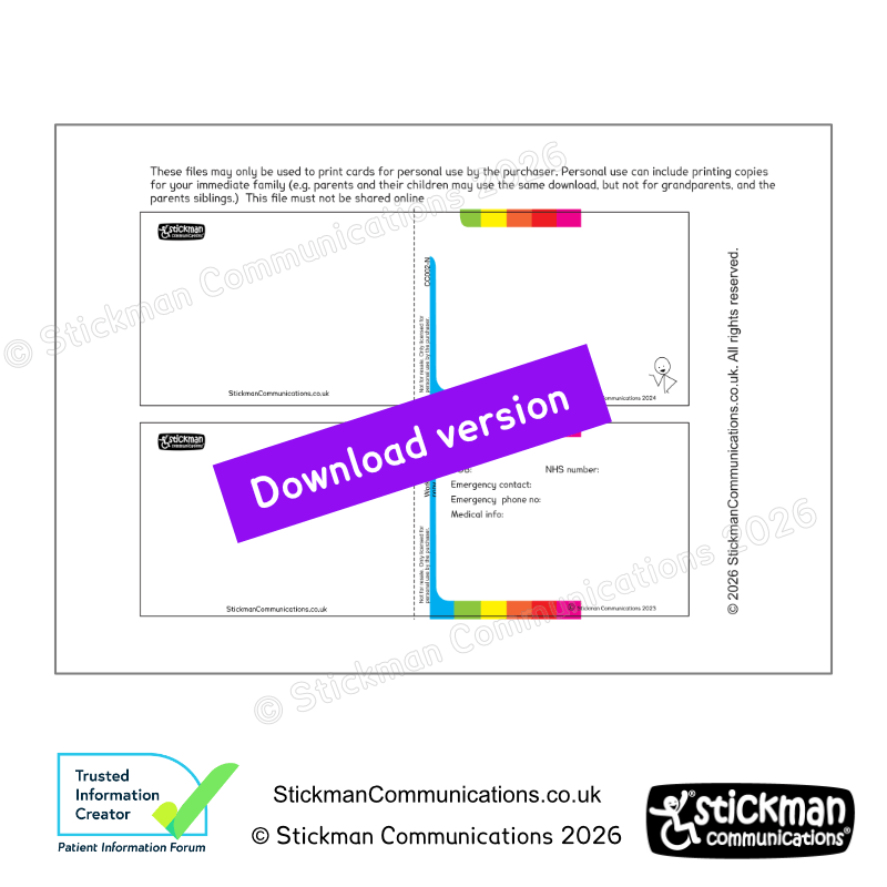 Thumbnail: a copy of the printable blank and emergency info card file - but with a big purple 'download' banner across the middle