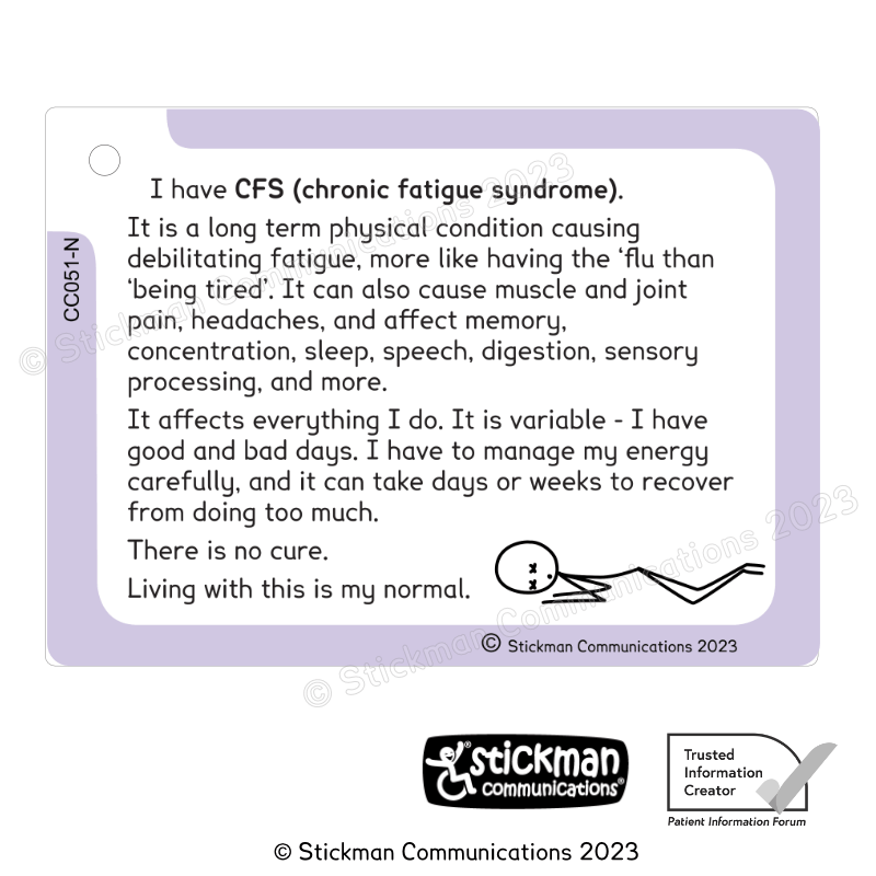 Chronic fatigue syndrome CFS card card with purple border. See description for text.