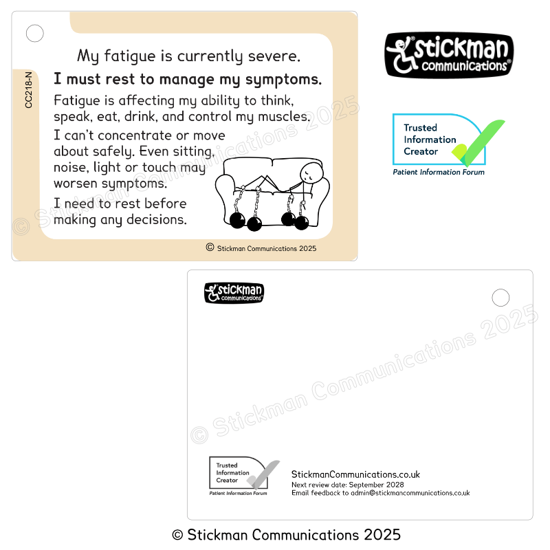 Thumbnail: Severe fatigue card, with beige border - see description for full text