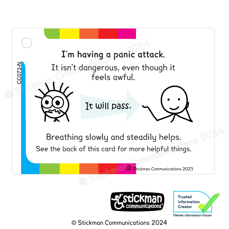 panic attack card with rainbow striped border. See description for text.