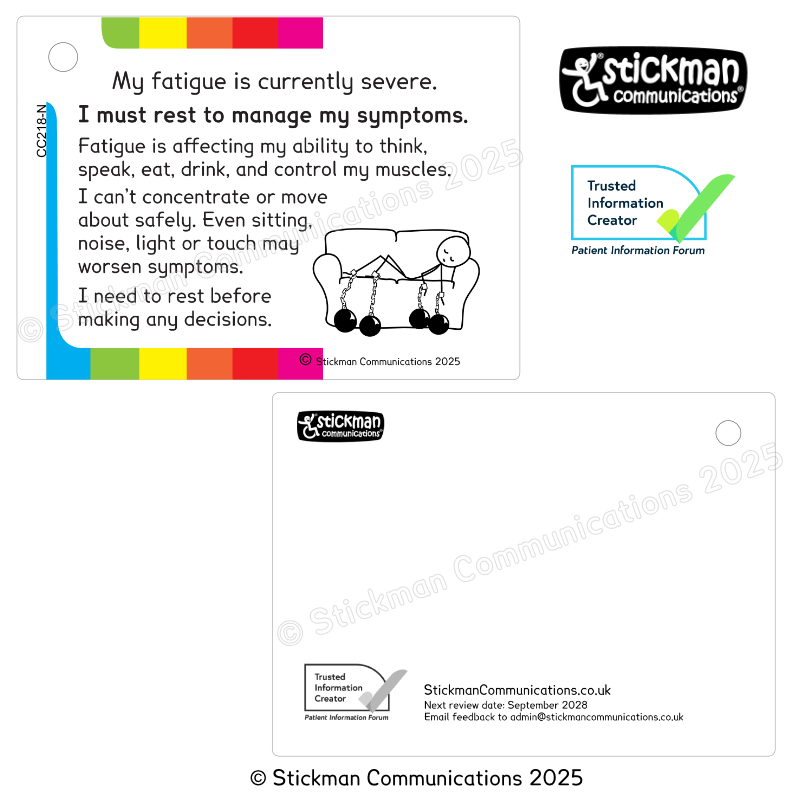 Thumbnail: Severe fatigue card, with striped border - see description for full text