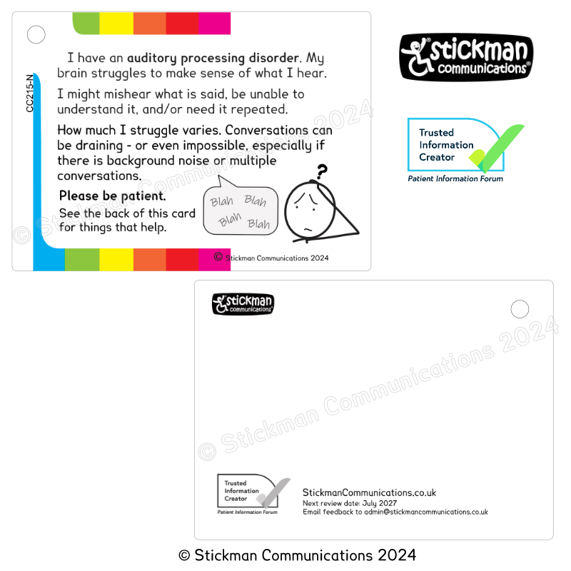 Thumbnail: Both sides of striped auditory processing disorder card - the back is mostly blank, with PIF TICK and copyright info below.