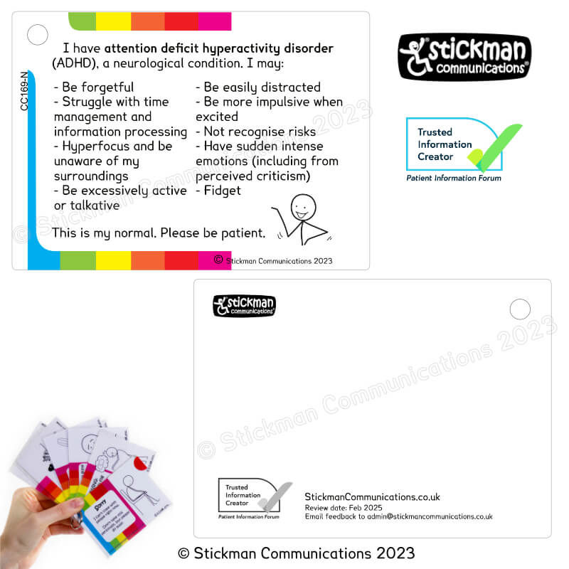 Thumbnail: Both sides of the striped ADHD card - the back is mostly blank, with PIF TICK and copyright info at the bottom.