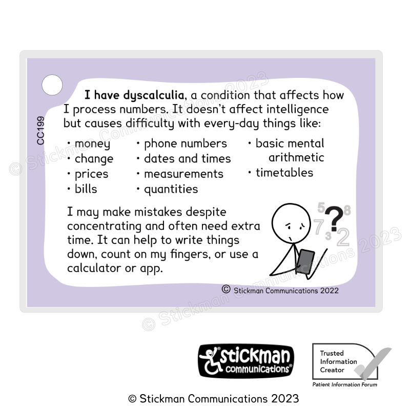 Dyscalculia card with purple border. See product description for full text.