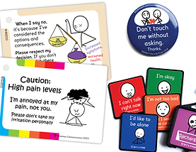 several status squares, a button badge, and 2 keyring cards