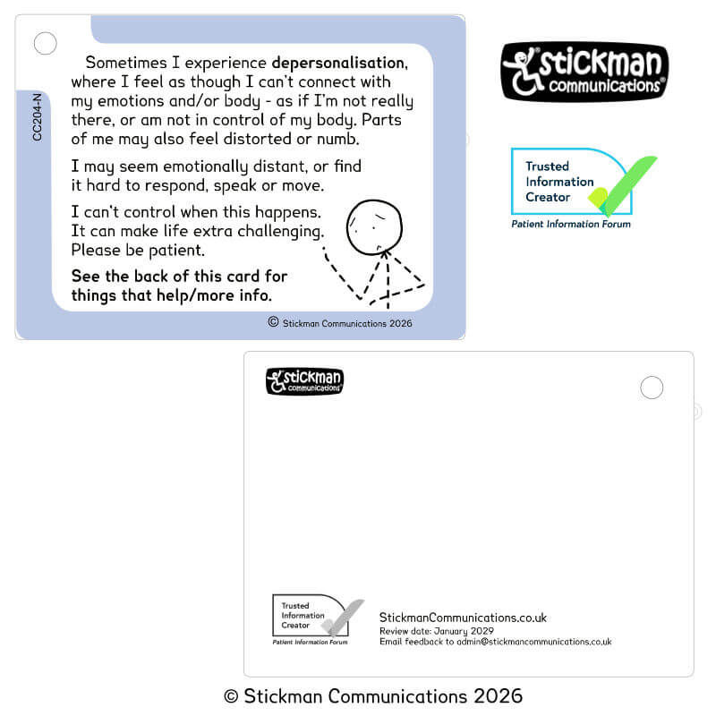 Thumbnail: Both sides of the blue depersonalisation card - the back is mostly blank, with PIF TICK and copyright info at the bottom.