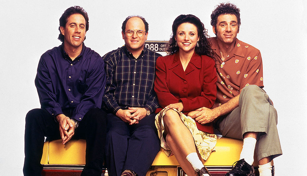 The cast of Seinfeld, from left to right: Jerry, George, Elaine, Kramer