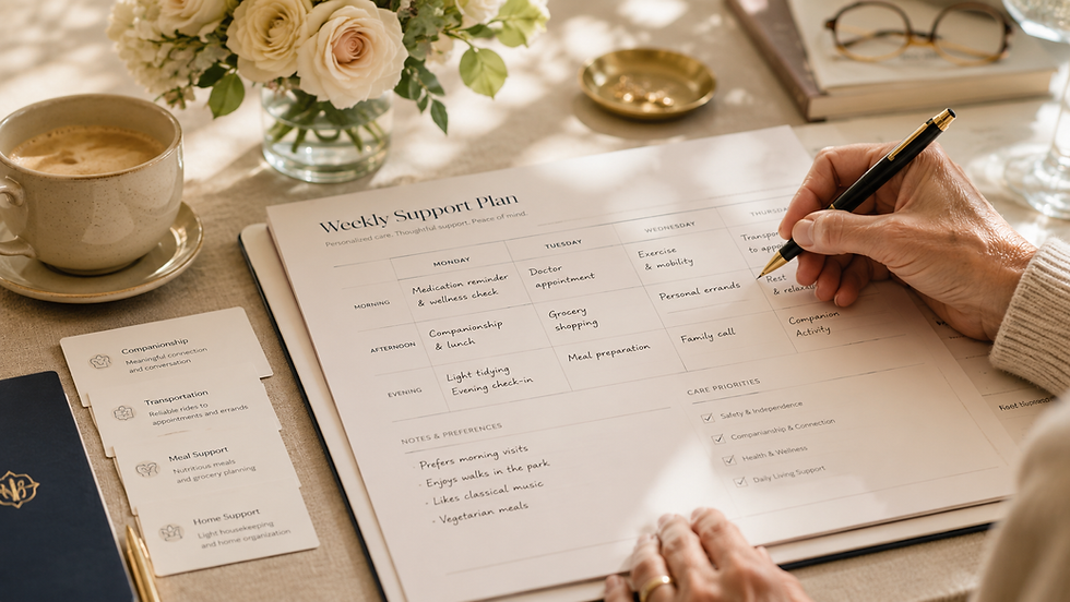 Hand writing on a Weekly Support Plan document for senior care