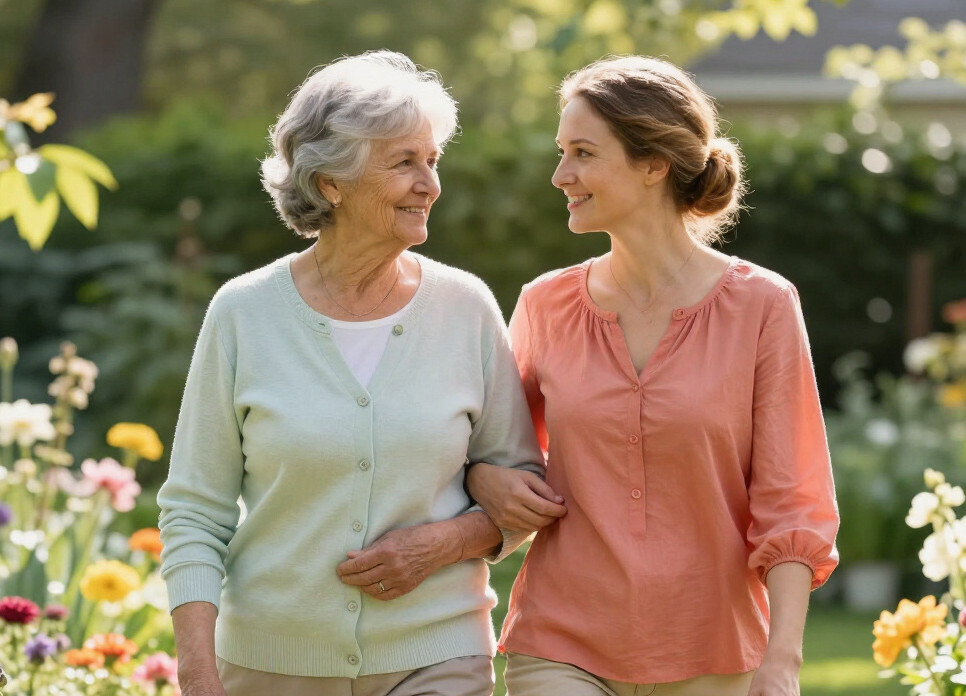 Older woman and Senior Care Concierge companion walking in garden.