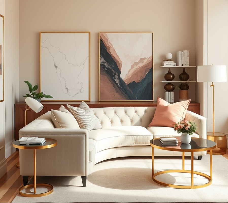 high end psychologists office with couch and art, in beige and blush and white tones with 