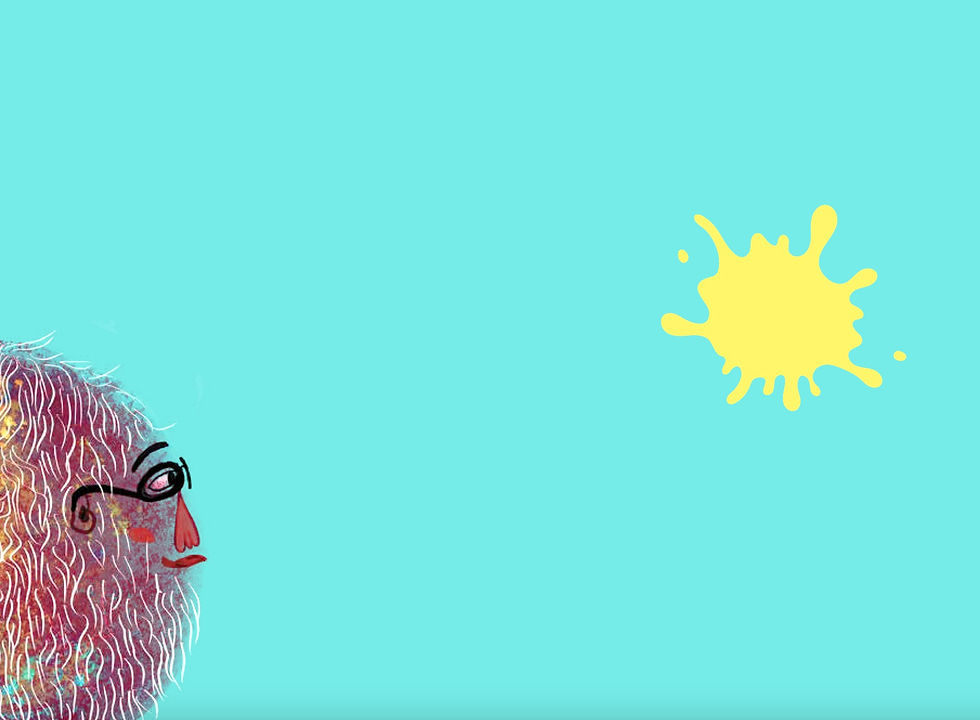 Illustration of the Rounded Animal from MarlaGran's story in a teal background looking at a yellow splash.