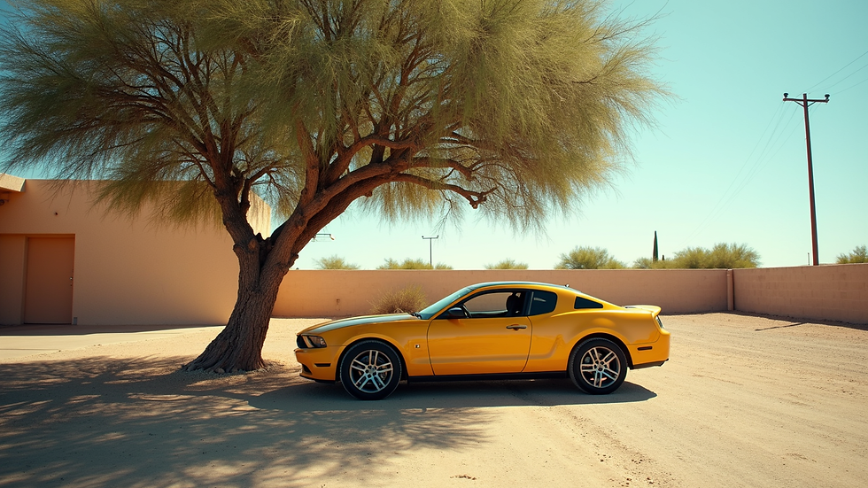 High angle view of a clean car parked under a shaded tree in Arizona