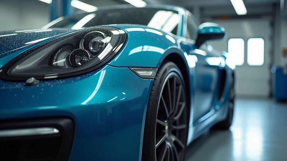 Eye-level view of a car being coated with ceramic protection by a technician