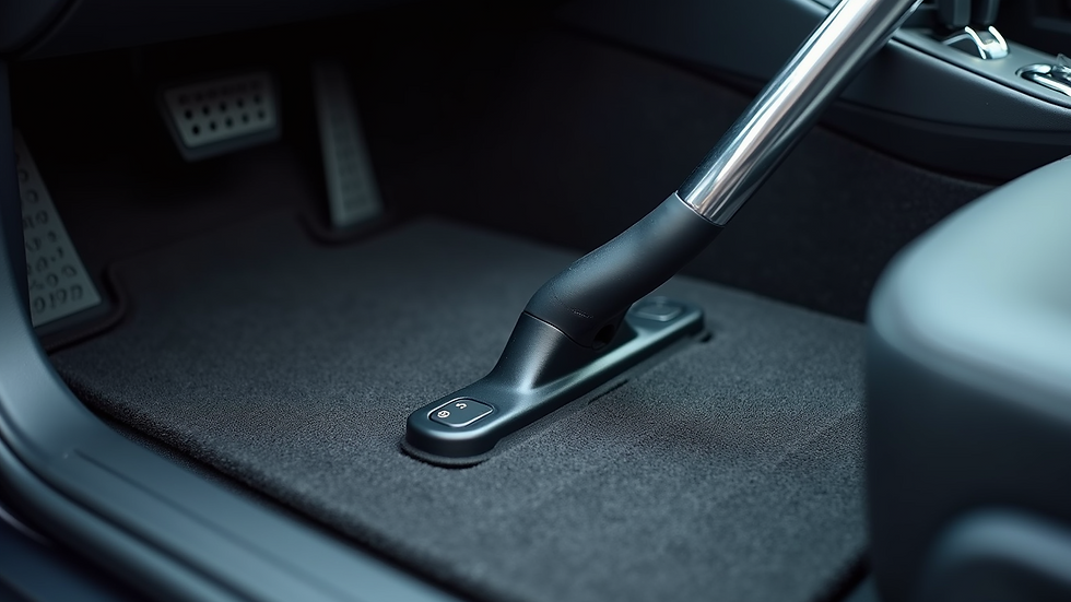 High angle view of car floor mats being vacuumed