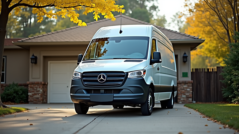 Eye-level view of a mobile car detailing van parked in a driveway