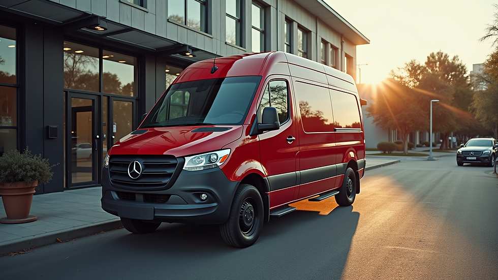High angle view of a mobile detailing van parked at a client's location