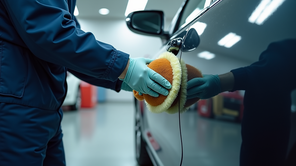 Close-up view of a technician polishing a car door during mobile detailing