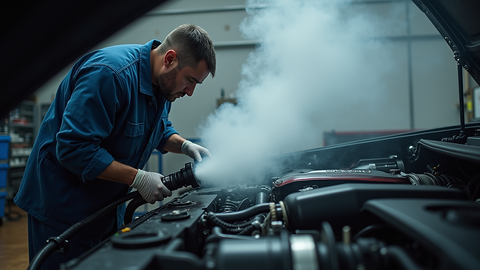 High angle view of a technician using steam cleaning equipment on an engine bay