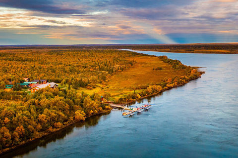 Beautiful aerial view of Alaska Rainbow Lodge and planes on river