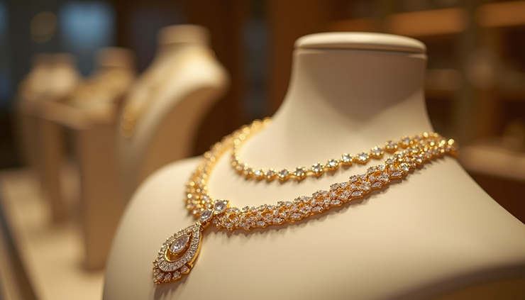Close-up view of a gold and diamond necklace displayed elegantly in a jewelry store
