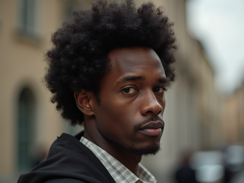 Detailed portrait of a man with a healthy natural afro.