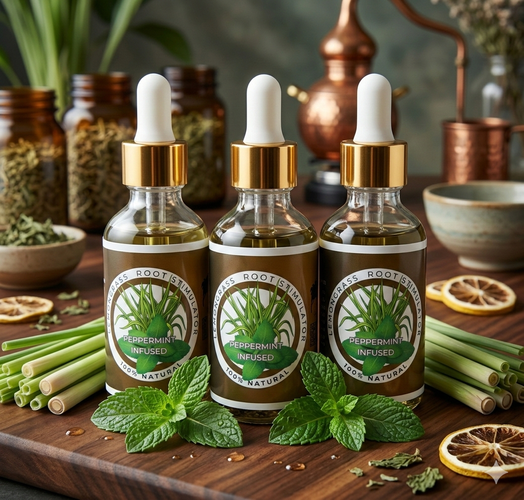 Lemongrass Root Stimulator bottle for hair growth.