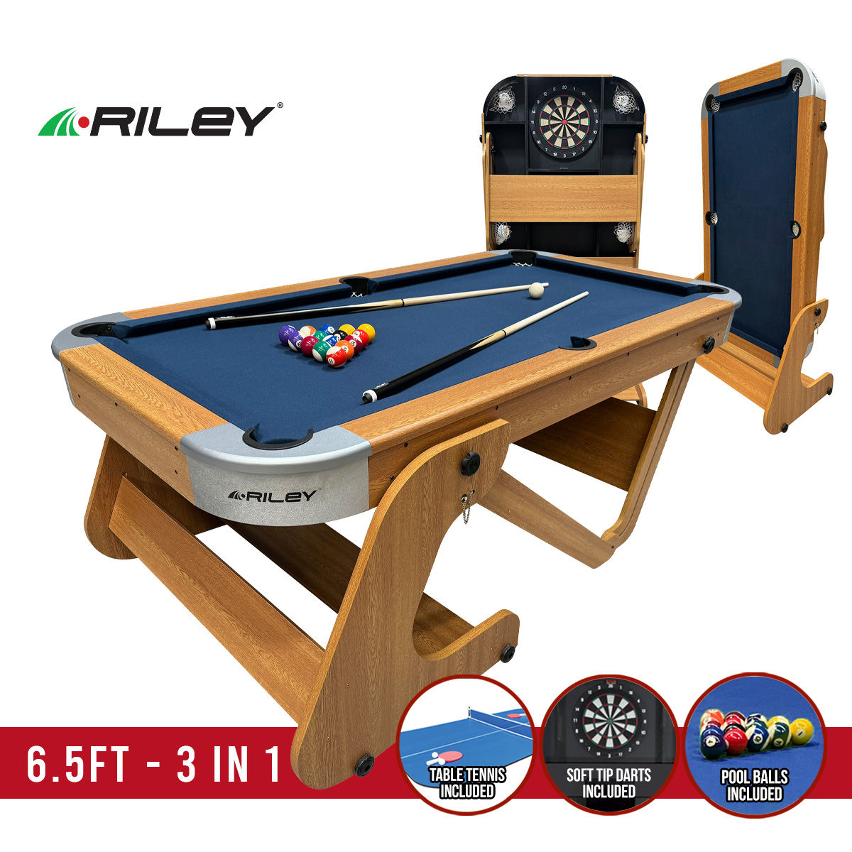 Riley 6Ft 6In 3in 1 Vertical Folding Pool Table With Darts and Table Tennis Top