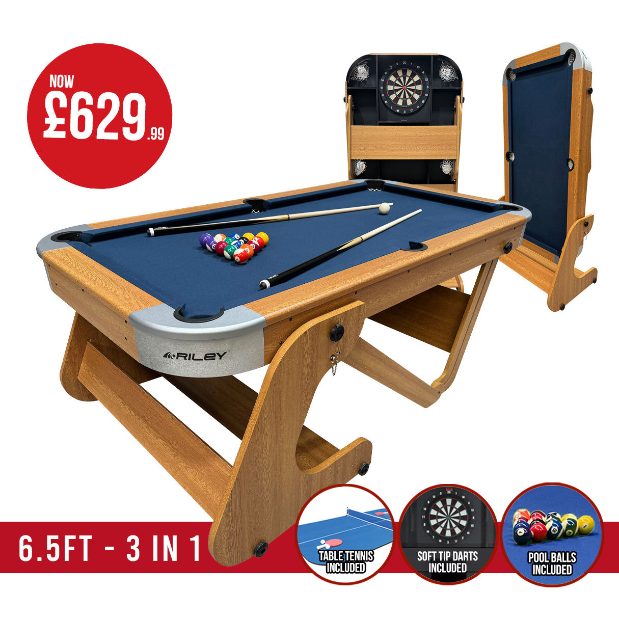 Riley 6Ft 6In 3 in 1 Vertical Folding Pool Table With Darts and Table Tennis Top