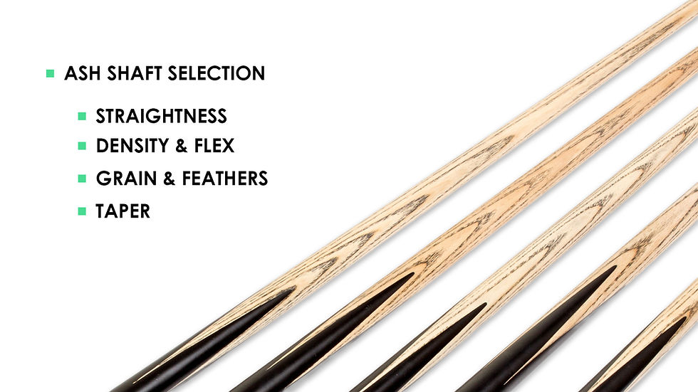 Close-up comparison of ash cue shafts showing grain, feathers and taper