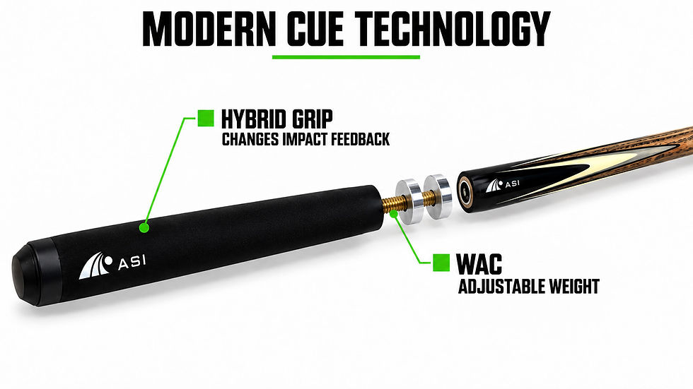 HD-400 cue showing the WAC adjustable-weight system at the three-quarter joint and the Hybrid Grip.