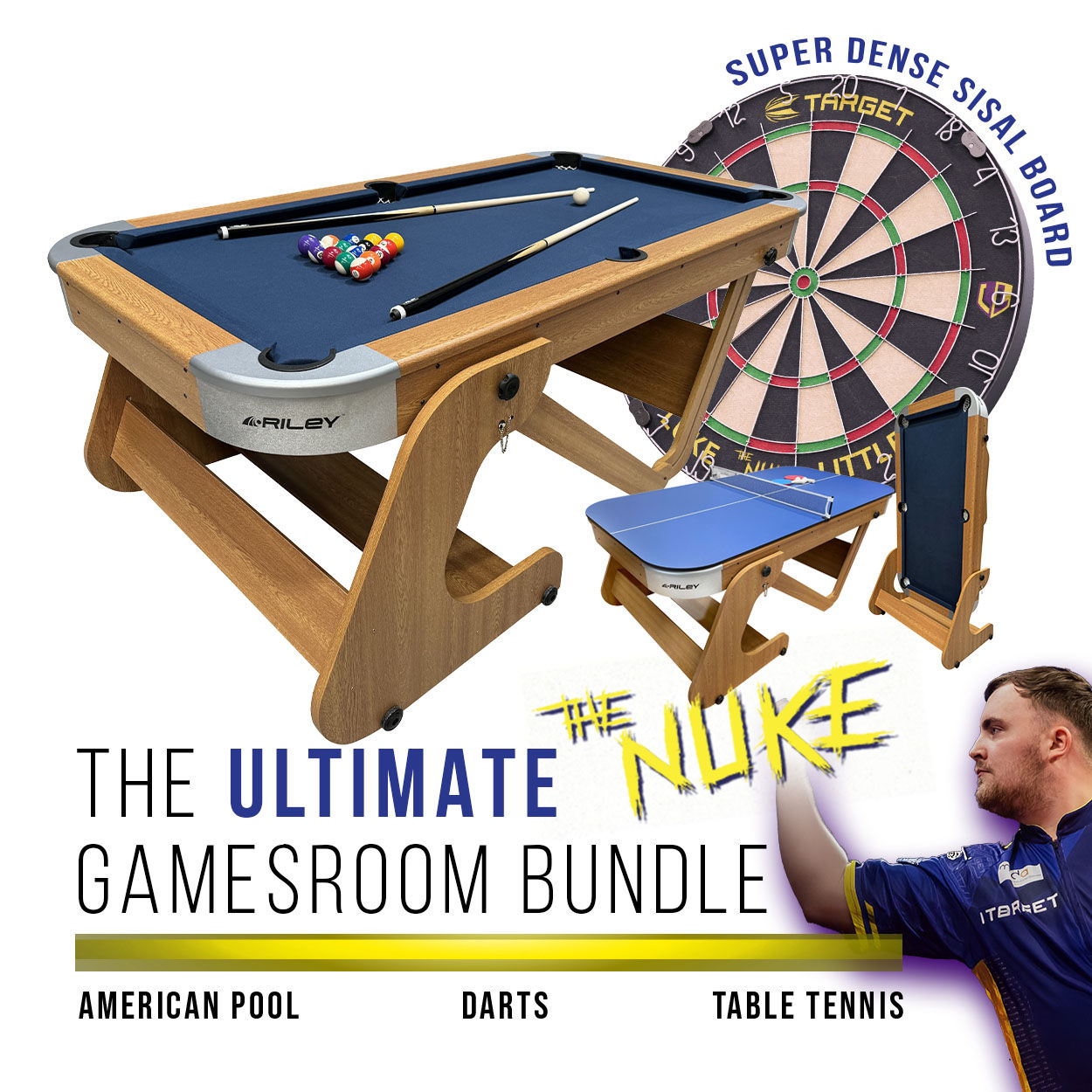 Riley 6Ft 6In 3 in 1 Vertical Folding Pool Table With Darts and Table Tennis Top