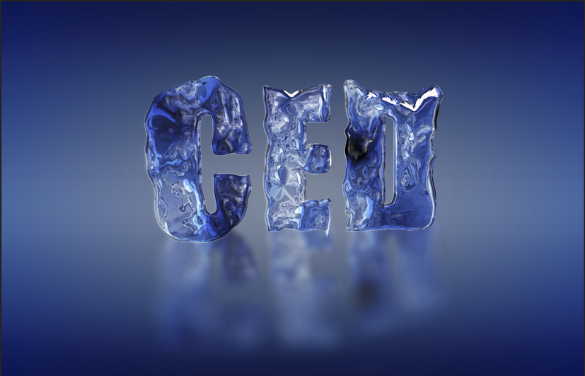 Stylized CED letters designed to look like blue ice crystals on a dark blue background