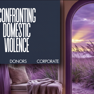 A visually striking slide built around the metaphor of three open doors, each representing one of C.D.V.'s distinct audiences: Survivors, Donors, and Corporate clients. Communicates that the brand does not write for a demographic, it writes for a decision state, and that every door leads somewhere specific.Dark navy and purple widescreen slide showing the Confronting Domestic Violence name in large condensed white type against a dark panel on the left. To the right, an atmospheric AI-generated image shows a purple arched door opening to a coastal sunset landscape with sea grass blowing in the wind. Three audience labels appear at the bottom of the dark panel: Survivors, Donors, Corporate. The C.D.V. silhouette mark is visible in the lower left corner.