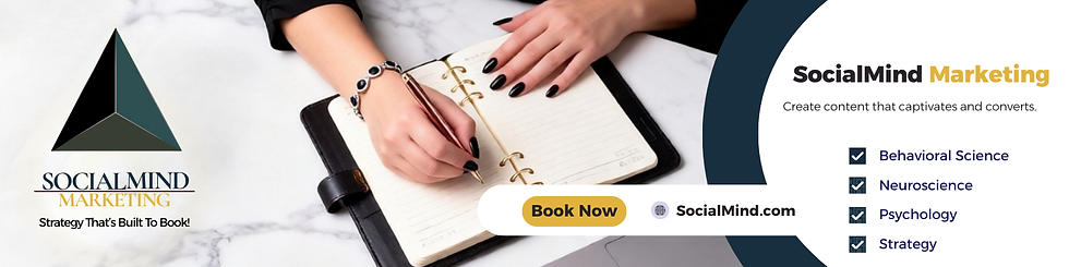 Hand writes in a planner beside a SocialMind Marketing ad with Book Now, SocialMind.com, and a checklist on a white marble desk.