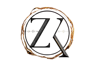 Circular logo featuring a large black serif "ZK" monogram centered within a ring of twisted golden-brown branches or vines. A subtle audio waveform graphic is layered across the middle of the letters, suggesting a podcast or audio brand identity.