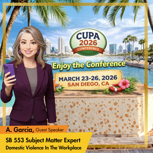 Animated speaker card for A Garcia with city skyline background and CUPA branding, text reads SB 553 Compliance and Domestic Violence