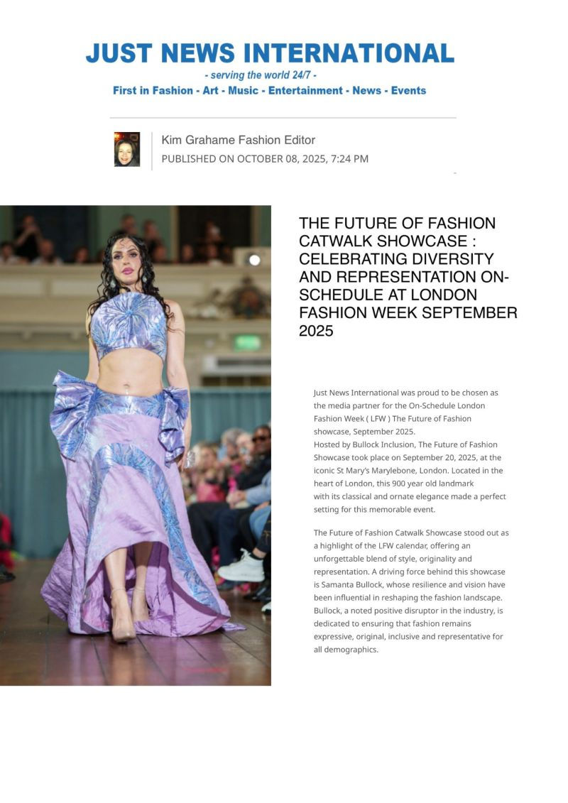 Fashion model in lavender-blue outfit on runway beside article headline about diversity at London Fashion Week on Just News International