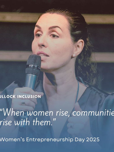 Samanta Bullock speaking into microphone, image has text overlay with quote 'When women rise, communities rise with them' Women's Entrepreneurship Day 2025