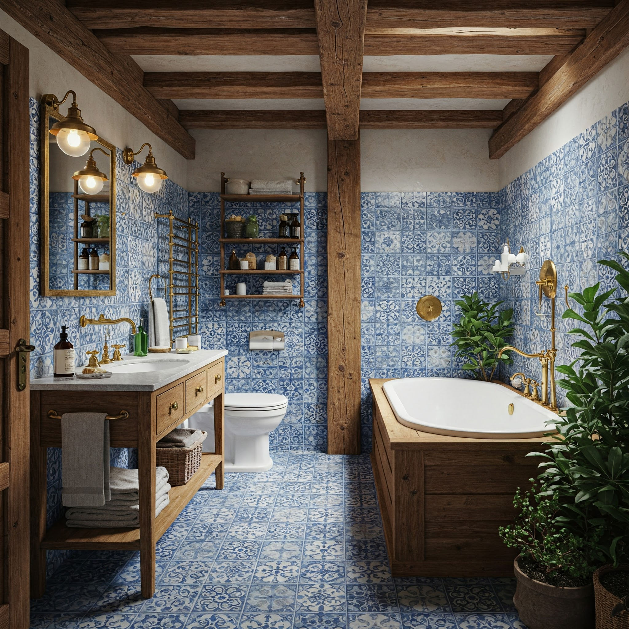 Cozy Rustic Bathroom with Blue and White Tiles and Wooden Accents