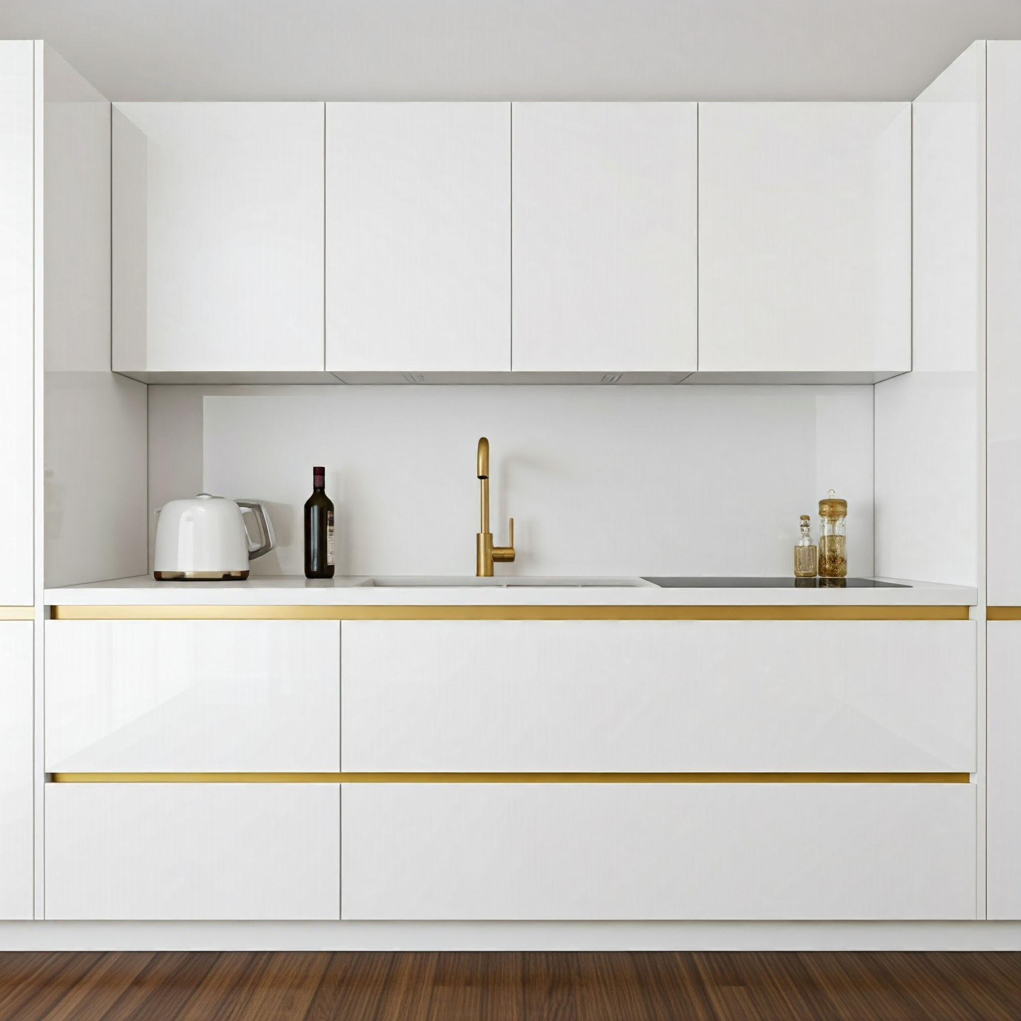 Luxurious White Gloss Modular Kitchen with Gold Hardware