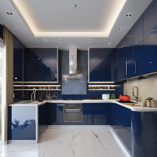 High Gloss Navy Blue Modern L-Shaped Kitchen Design with Cabinet | Dee ...