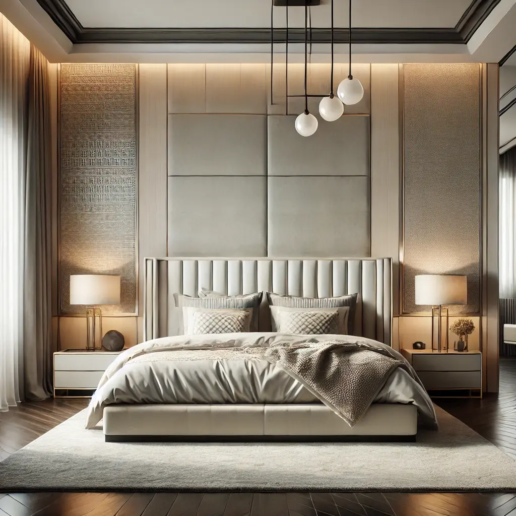Modern Master Bedroom with Luxurious Upholstered Headboard and Sleek Design