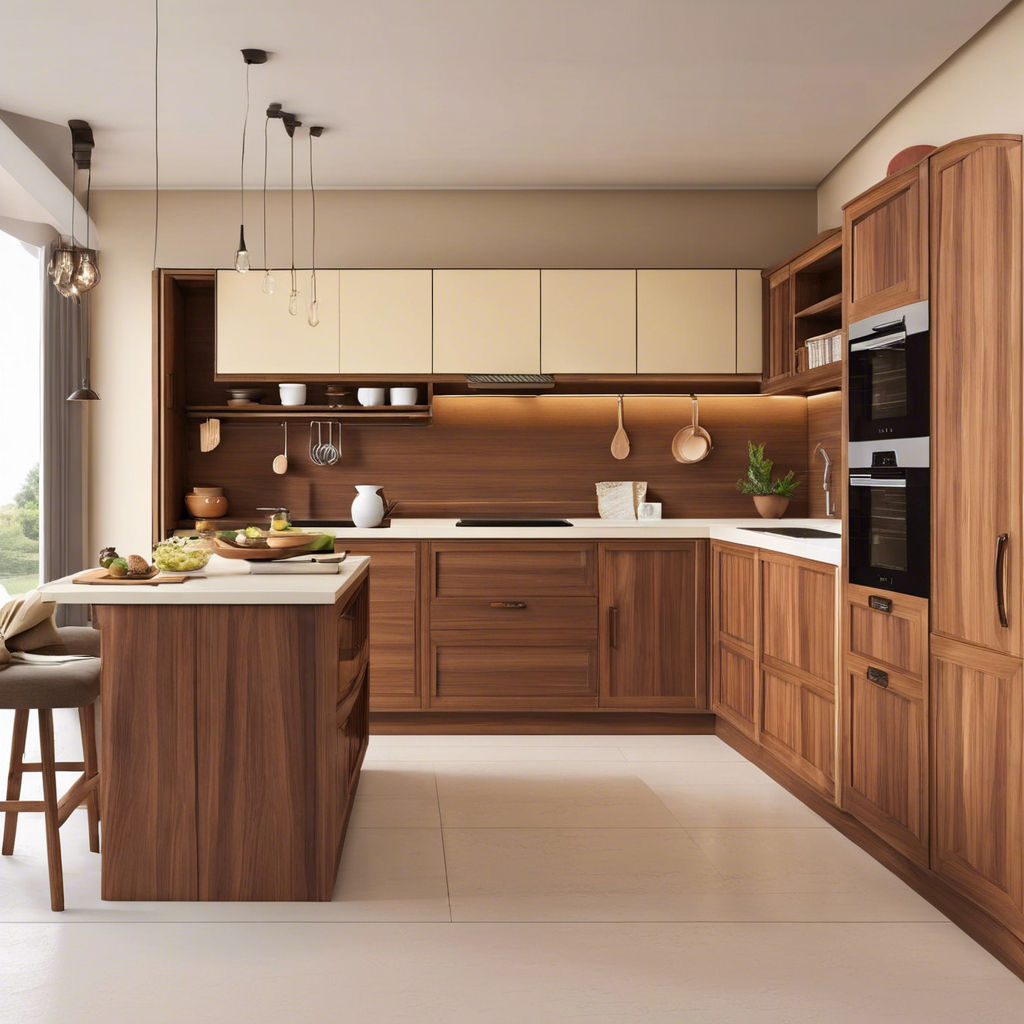 Stylish Open Kitchen with Cream and Walnut Wood Finishes