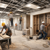 Under-construction apartment interior with multiple workers installing a false ceiling, doing carpentry work on wooden panels, and fixing electrical wiring simultaneously, showing coordinated interior execution in progress.