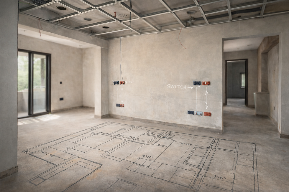 Turnkey interior planning with electrical points, false ceiling framework and furniture layout coordination at site