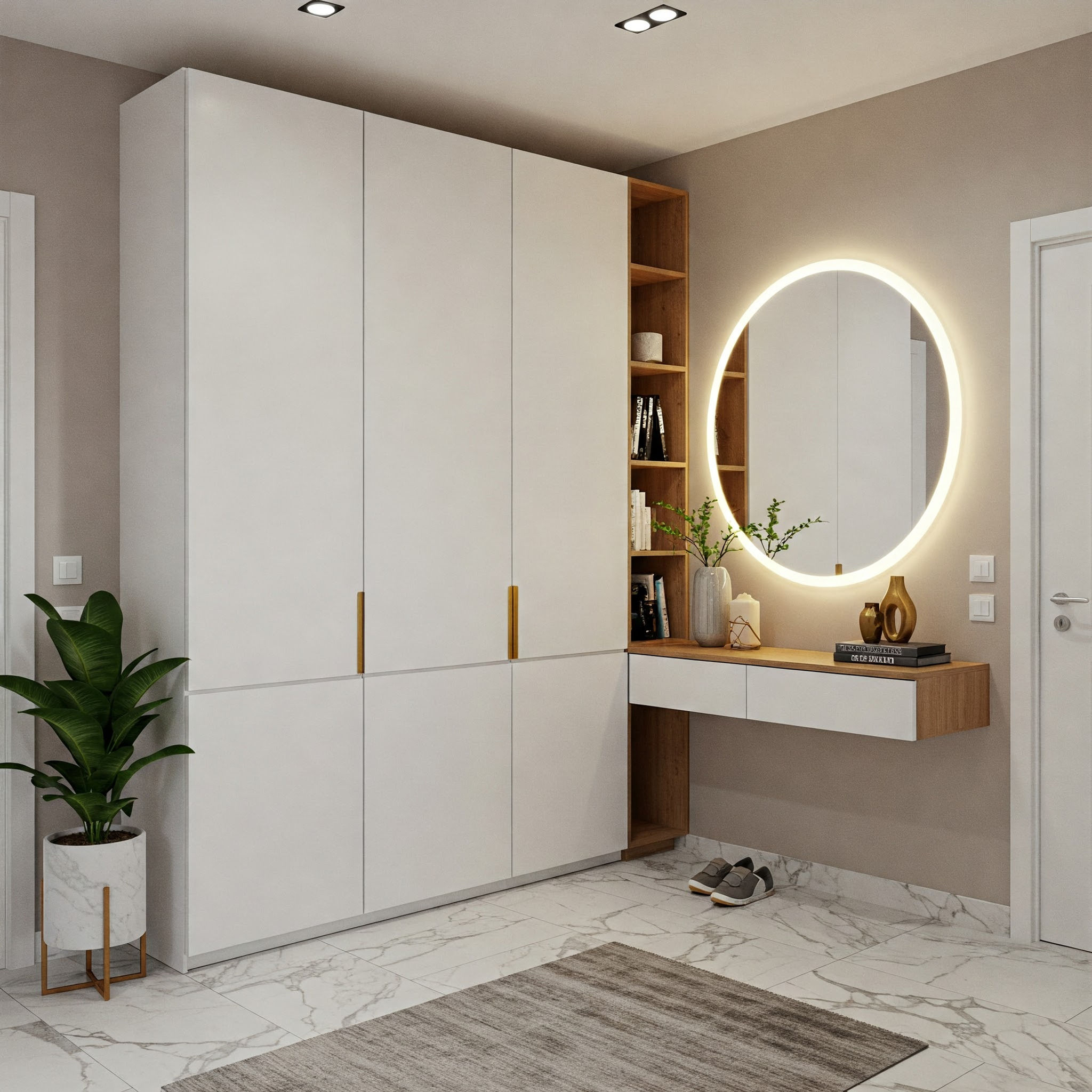 Contemporary Foyer Design with White Laminate Storage