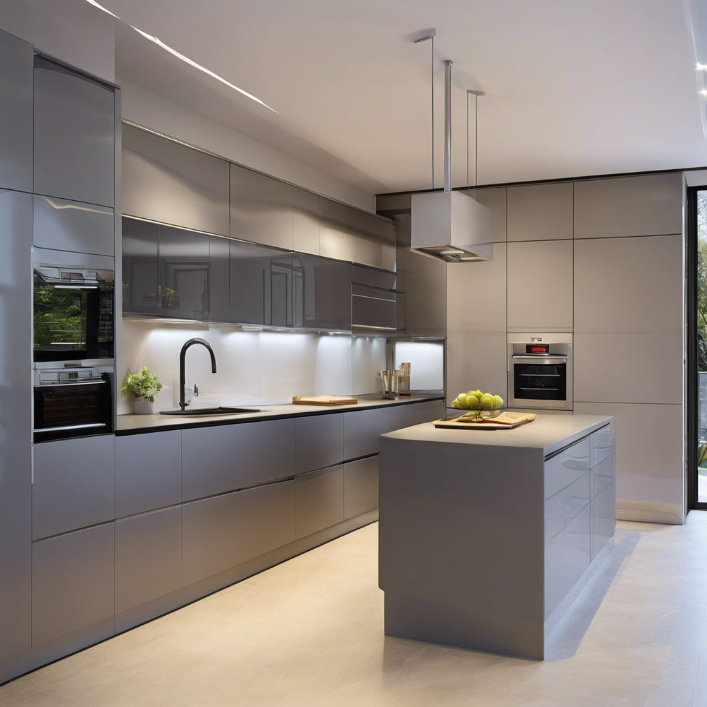 Open kitchen with a contemporary grey and silver color scheme and modern design.
