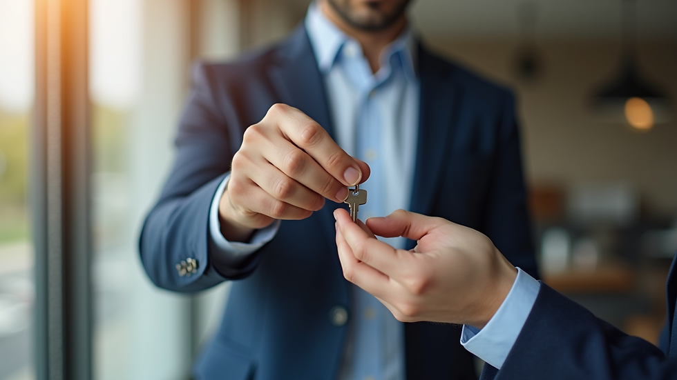 Close-up view of a real estate agent showing a house key to a client